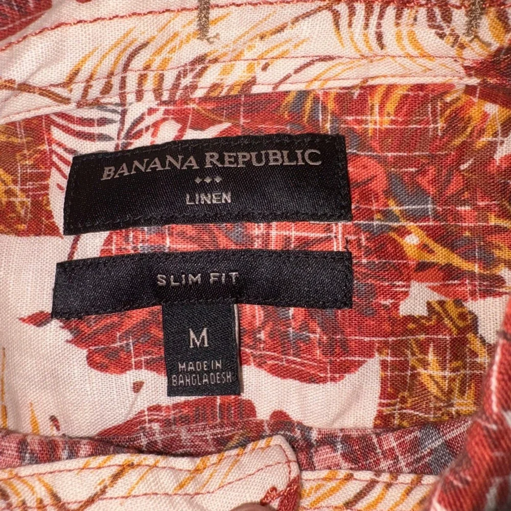 Banana Republic Linen Shirt Camp Mens Medium Red Hawaiian Floral Slim Fit
